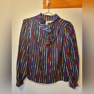 VINTAGE Judy Bond Long Sleeve Ruffle Collar Red, White, Blue, and Yellow Blouse